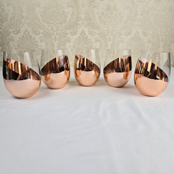 Set of 5 Copper Accent Stemless Wineglasses Contemporary Style Dining Gift - Picture 1 of 10